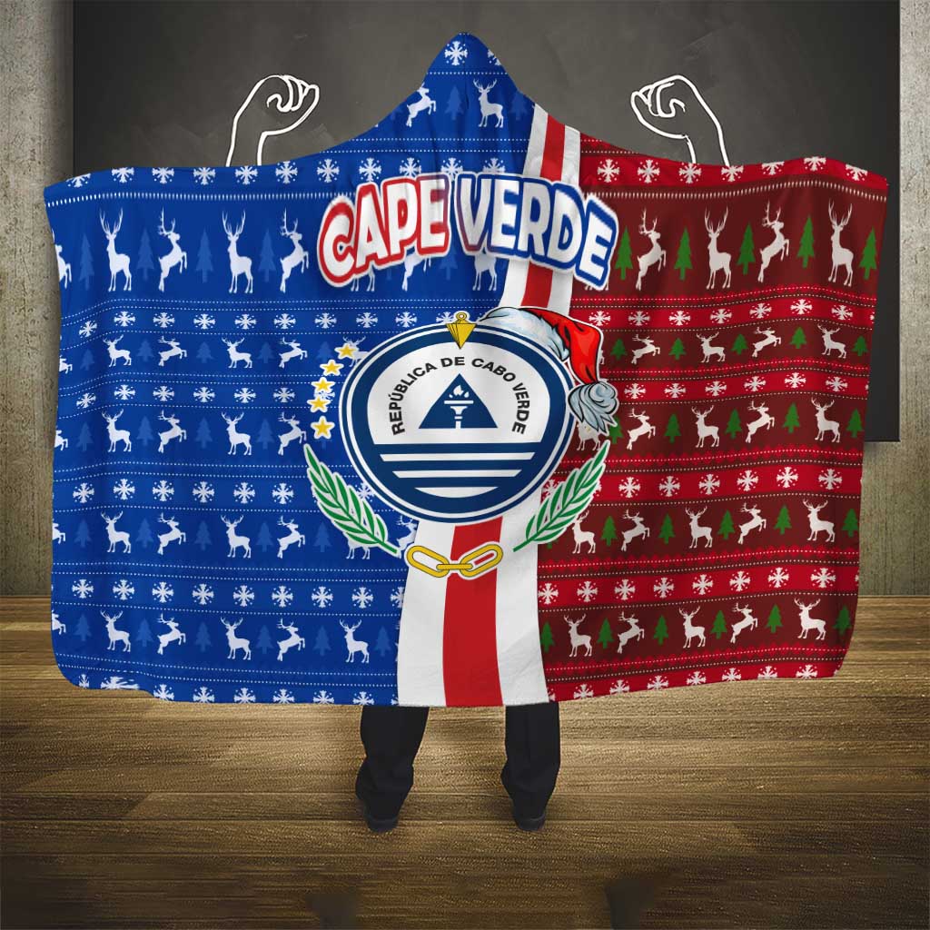 Cape Verde Christmas Hooded Blanket with Red and Blue Festive Pattern Christmas Tree and National Emblem Motif - Wonder Print Shop