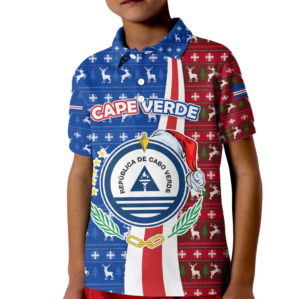Cape Verde Christmas Kid Polo Shirt with Red and Blue Festive Pattern Christmas Tree and National Emblem Motif - Wonder Print Shop