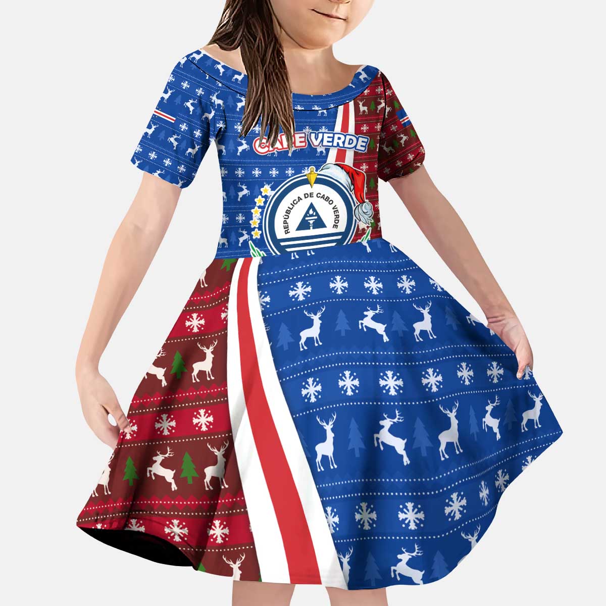 Cape Verde Christmas Kid Short Sleeve Dress with Red and Blue Festive Pattern Christmas Tree and National Emblem Motif - Wonder Print Shop