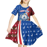 Cape Verde Christmas Kid Short Sleeve Dress with Red and Blue Festive Pattern Christmas Tree and National Emblem Motif - Wonder Print Shop
