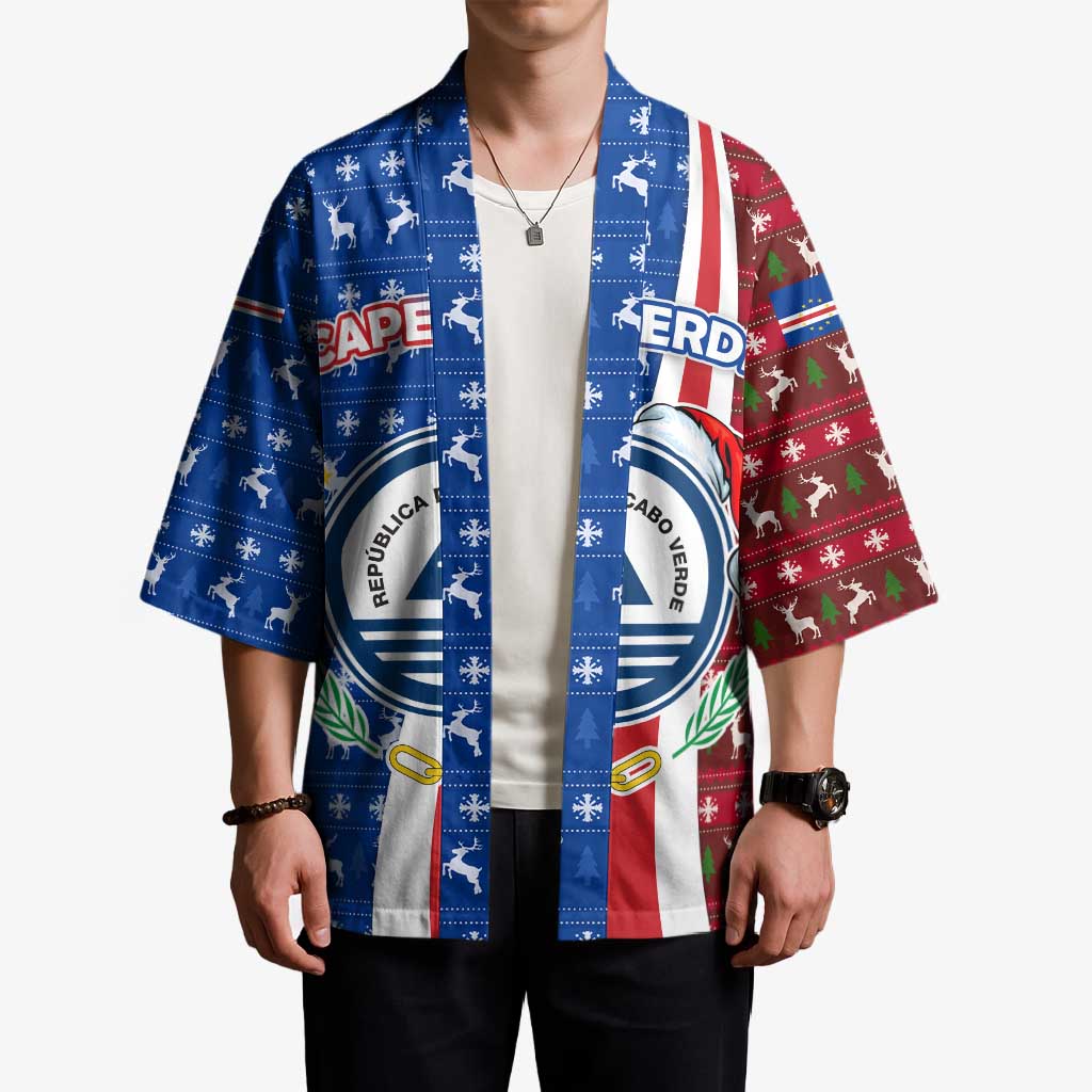 Cape Verde Christmas Kimono with Red and Blue Festive Pattern Christmas Tree and National Emblem Motif - Wonder Print Shop