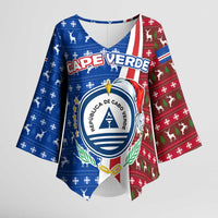 Cape Verde Christmas Kimono Sleeve Blouse with Red and Blue Festive Pattern Christmas Tree and National Emblem Motif - Wonder Print Shop
