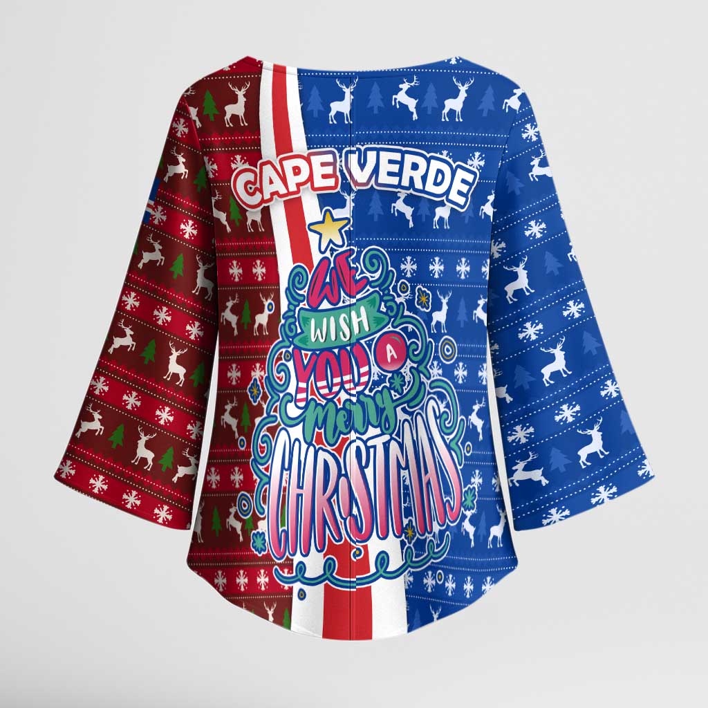 Cape Verde Christmas Kimono Sleeve Blouse with Red and Blue Festive Pattern Christmas Tree and National Emblem Motif - Wonder Print Shop