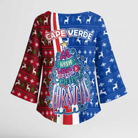 Cape Verde Christmas Kimono Sleeve Blouse with Red and Blue Festive Pattern Christmas Tree and National Emblem Motif - Wonder Print Shop