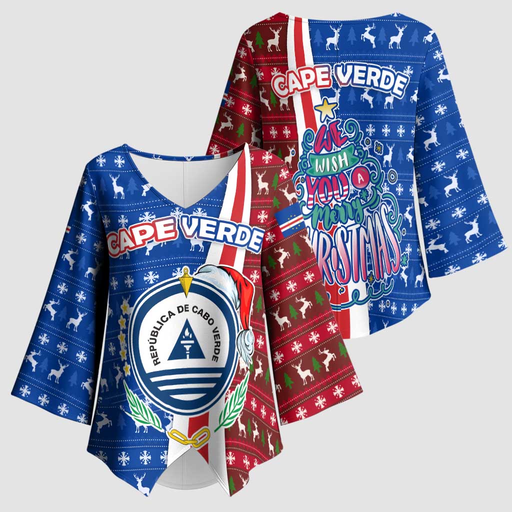 Cape Verde Christmas Kimono Sleeve Blouse with Red and Blue Festive Pattern Christmas Tree and National Emblem Motif - Wonder Print Shop