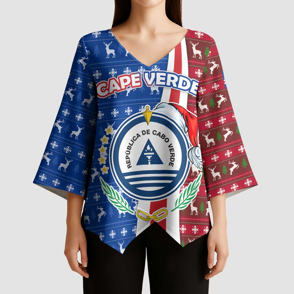 Cape Verde Christmas Kimono Sleeve Blouse with Red and Blue Festive Pattern Christmas Tree and National Emblem Motif - Wonder Print Shop