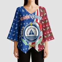 Cape Verde Christmas Kimono Sleeve Blouse with Red and Blue Festive Pattern Christmas Tree and National Emblem Motif - Wonder Print Shop