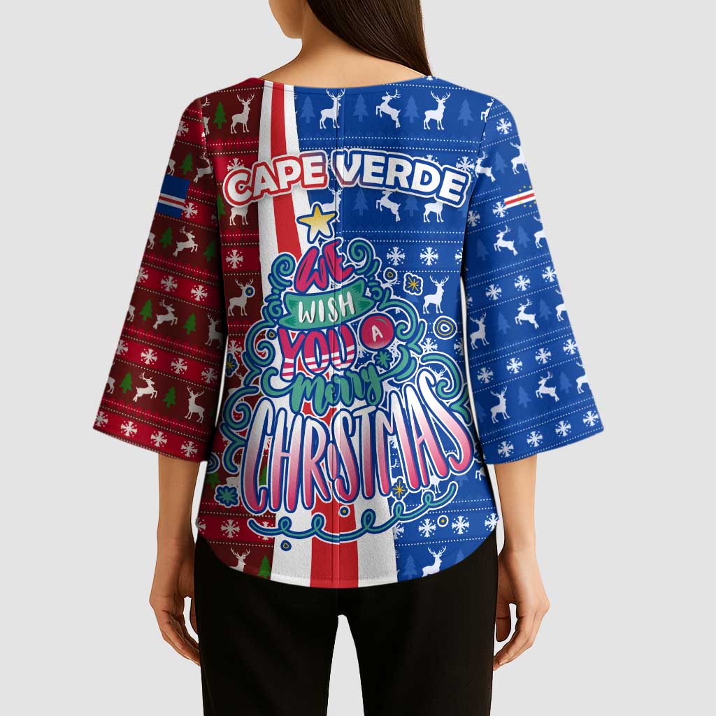 Cape Verde Christmas Kimono Sleeve Blouse with Red and Blue Festive Pattern Christmas Tree and National Emblem Motif - Wonder Print Shop