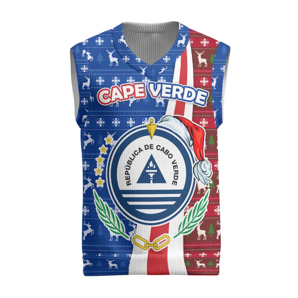 Cape Verde Christmas Knitted V-Neck Vest with Red and Blue Festive Pattern Christmas Tree and National Emblem Motif - Wonder Print Shop