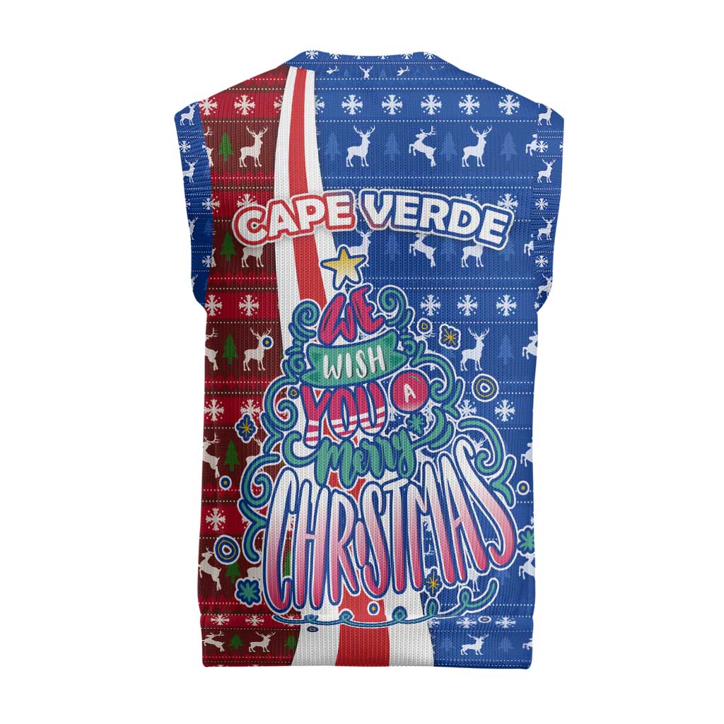 Cape Verde Christmas Knitted V-Neck Vest with Red and Blue Festive Pattern Christmas Tree and National Emblem Motif - Wonder Print Shop