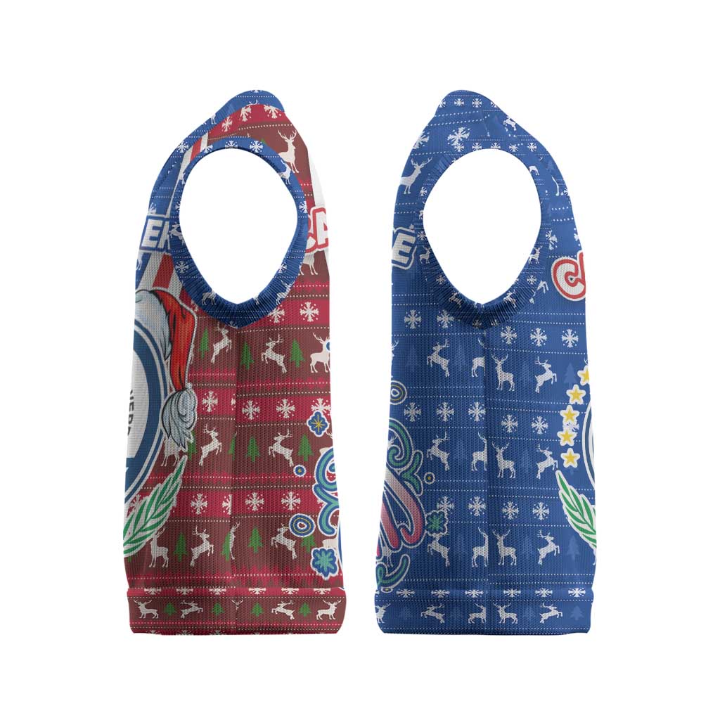 Cape Verde Christmas Knitted V-Neck Vest with Red and Blue Festive Pattern Christmas Tree and National Emblem Motif - Wonder Print Shop