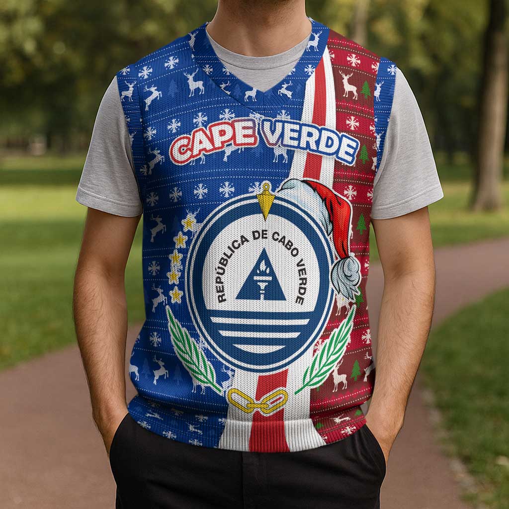 Cape Verde Christmas Knitted V-Neck Vest with Red and Blue Festive Pattern Christmas Tree and National Emblem Motif - Wonder Print Shop