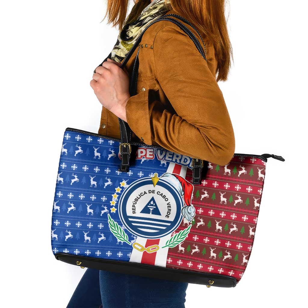 Cape Verde Christmas Leather Tote Bag with Red and Blue Festive Pattern Christmas Tree and National Emblem Motif - Wonder Print Shop