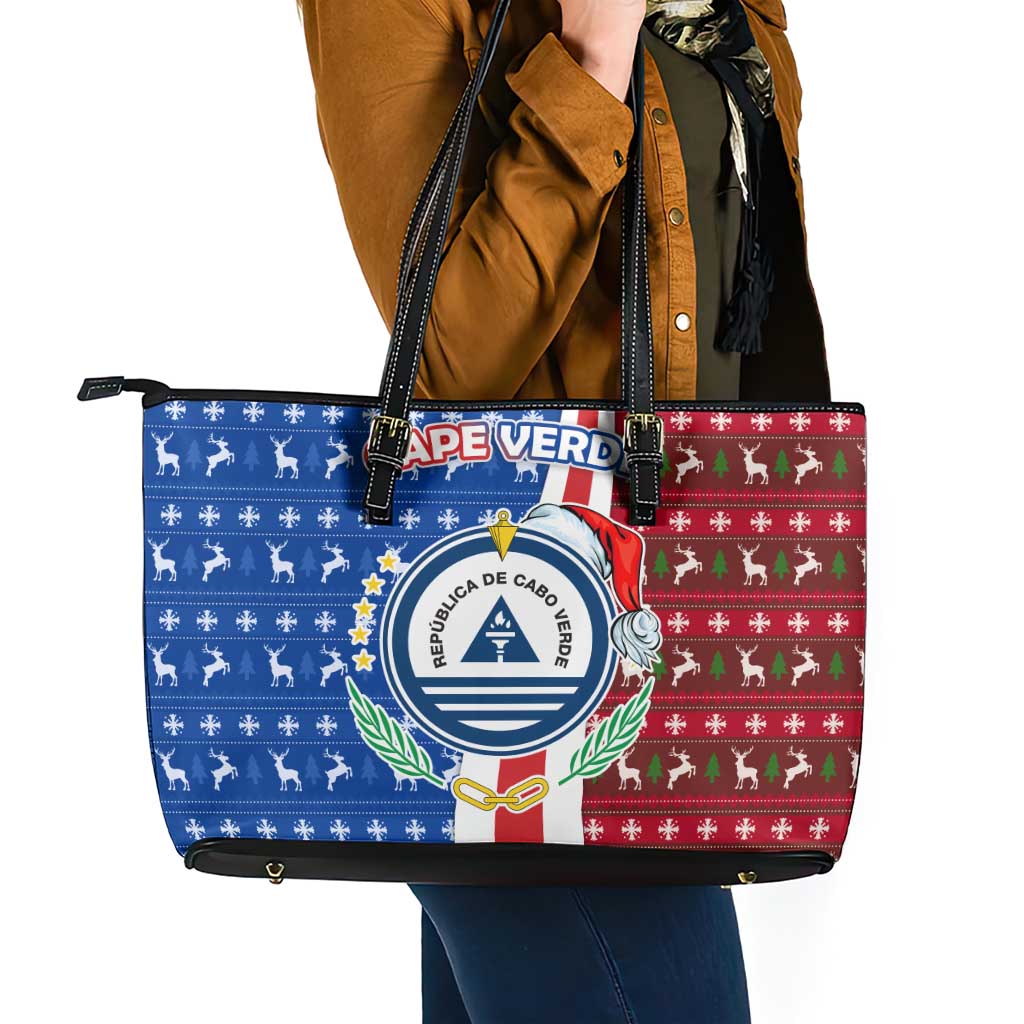 Cape Verde Christmas Leather Tote Bag with Red and Blue Festive Pattern Christmas Tree and National Emblem Motif - Wonder Print Shop