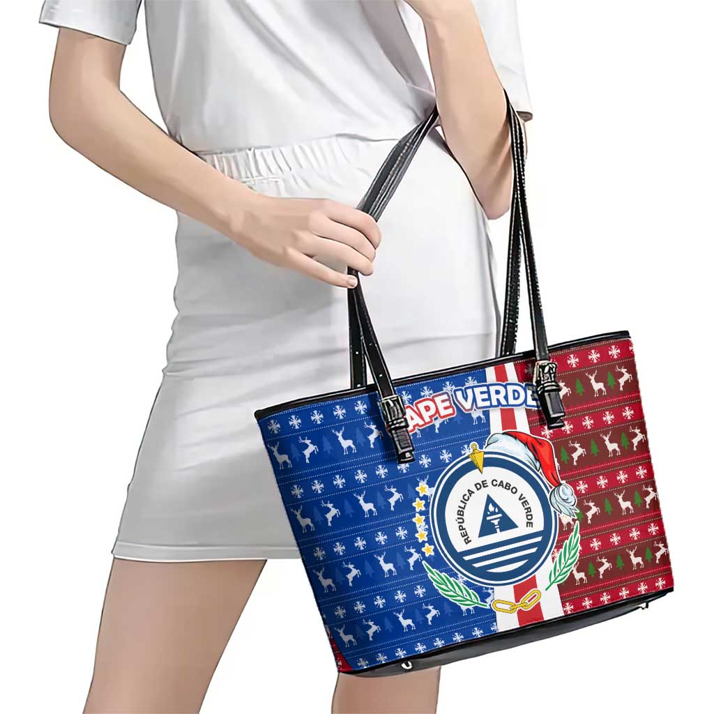 Cape Verde Christmas Leather Tote Bag with Red and Blue Festive Pattern Christmas Tree and National Emblem Motif - Wonder Print Shop