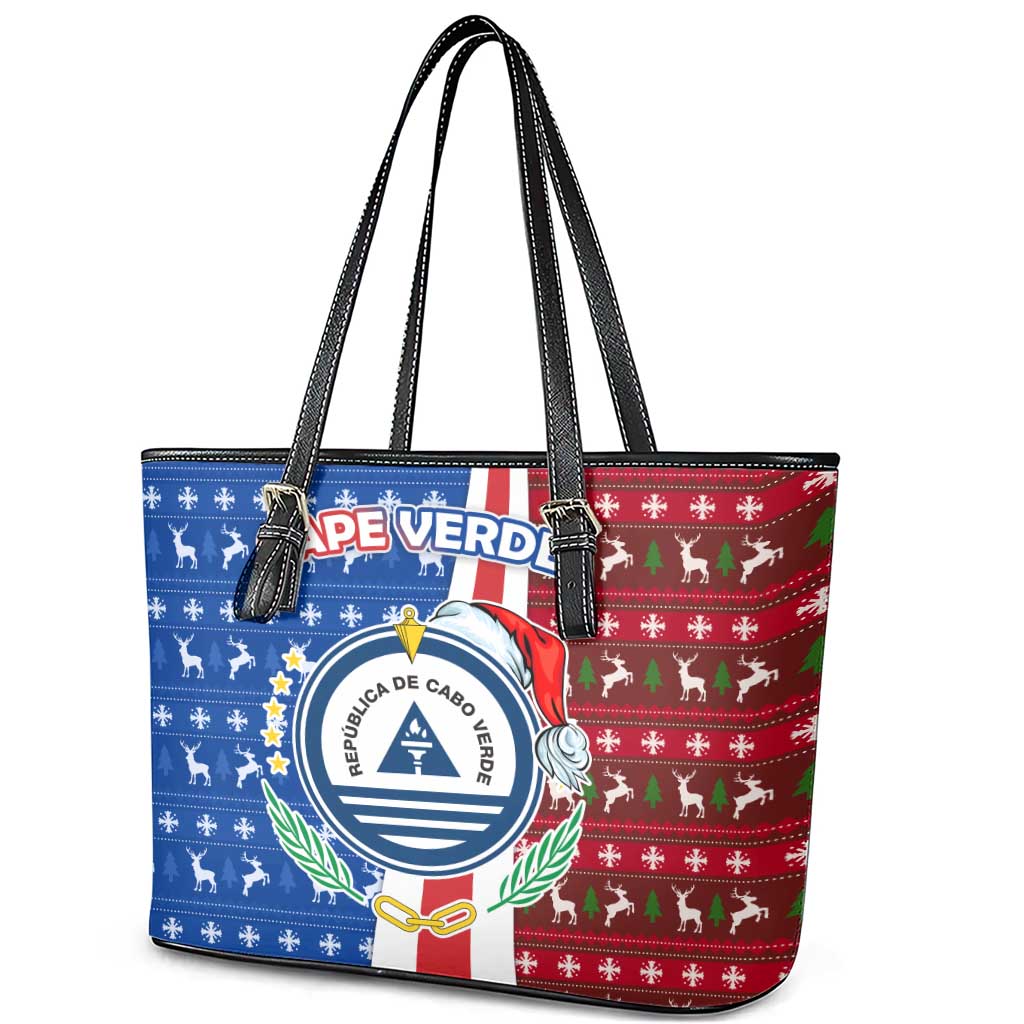 Cape Verde Christmas Leather Tote Bag with Red and Blue Festive Pattern Christmas Tree and National Emblem Motif - Wonder Print Shop