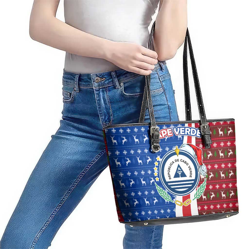 Cape Verde Christmas Leather Tote Bag with Red and Blue Festive Pattern Christmas Tree and National Emblem Motif - Wonder Print Shop