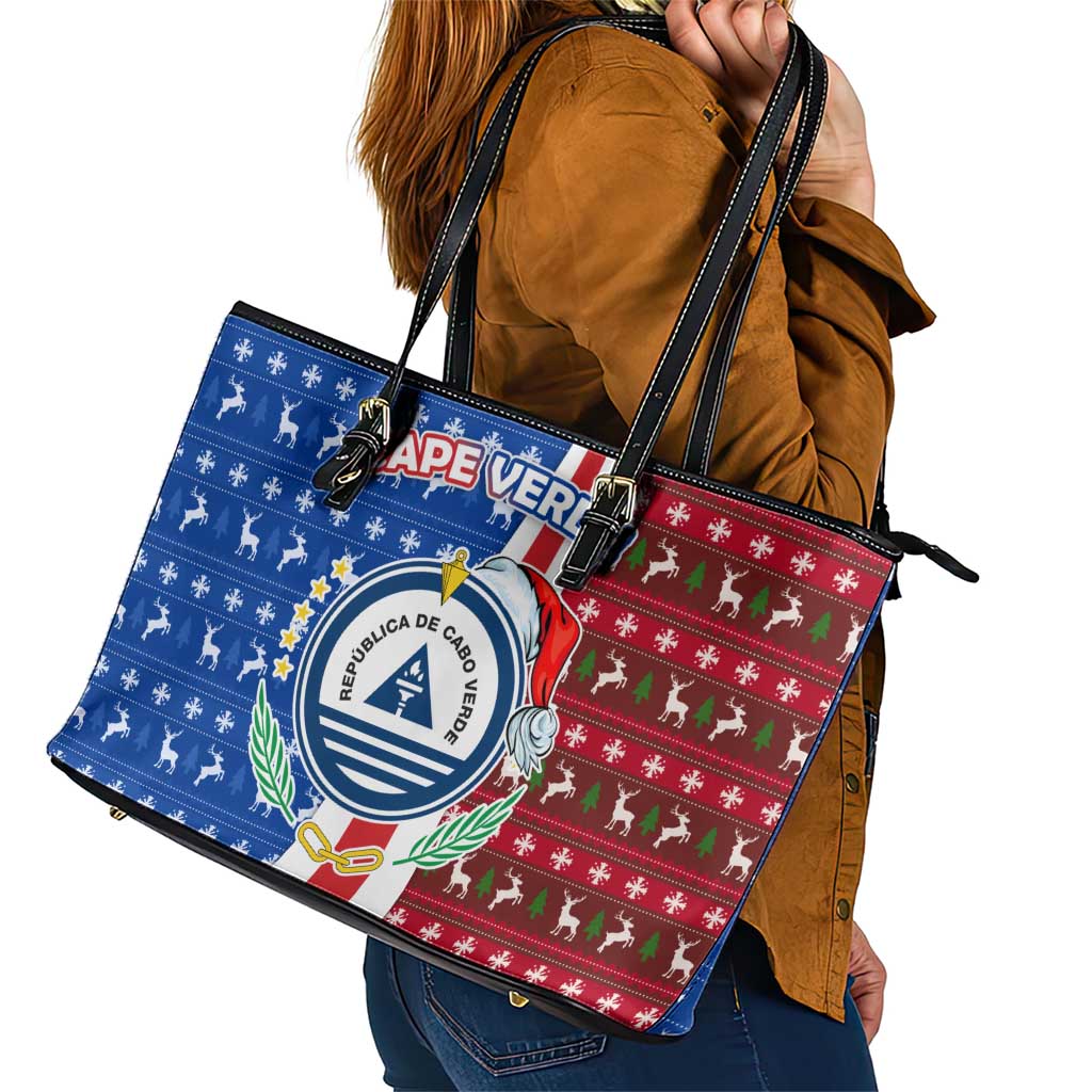 Cape Verde Christmas Leather Tote Bag with Red and Blue Festive Pattern Christmas Tree and National Emblem Motif - Wonder Print Shop