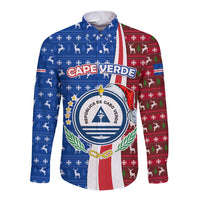 Cape Verde Christmas Long Sleeve Button Shirt with Red and Blue Festive Pattern Christmas Tree and National Emblem Motif - Wonder Print Shop
