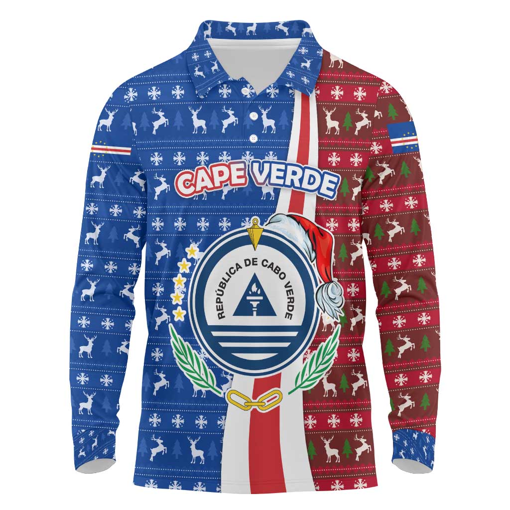 Cape Verde Christmas Long Sleeve Polo Shirt with Red and Blue Festive Pattern Christmas Tree and National Emblem Motif - Wonder Print Shop
