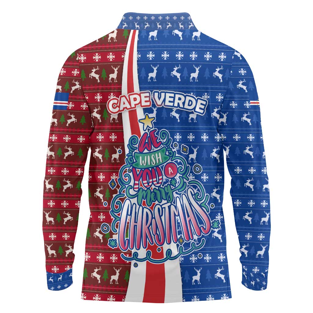 Cape Verde Christmas Long Sleeve Polo Shirt with Red and Blue Festive Pattern Christmas Tree and National Emblem Motif - Wonder Print Shop