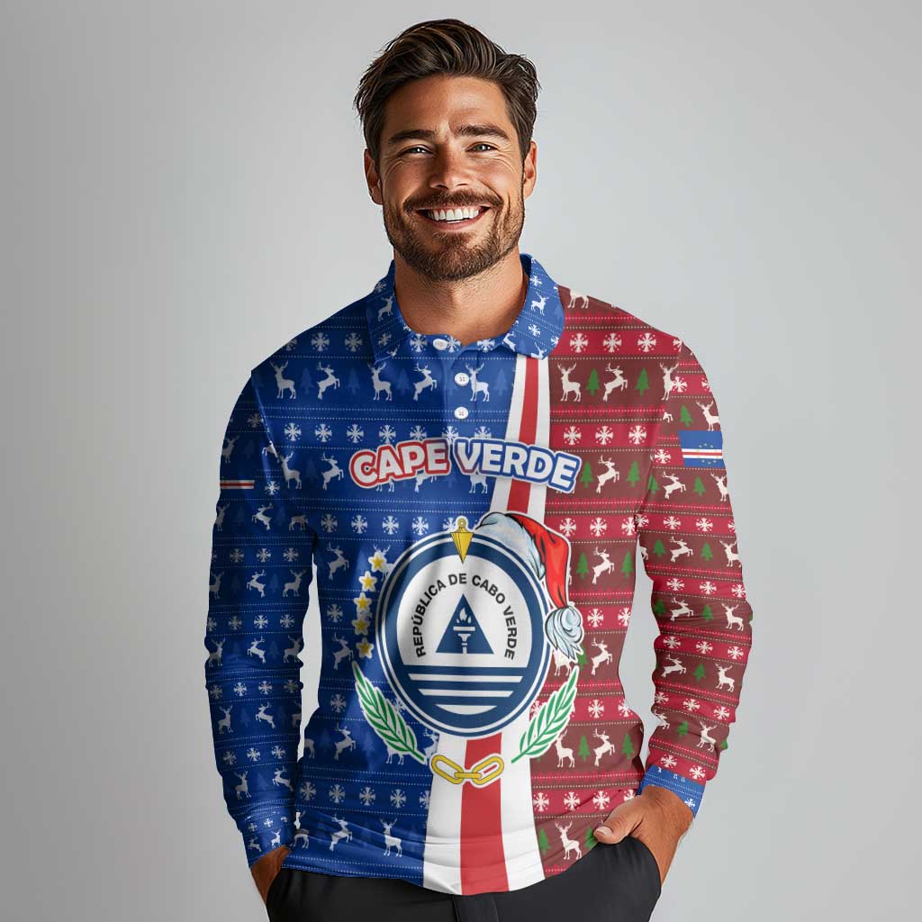 Cape Verde Christmas Long Sleeve Polo Shirt with Red and Blue Festive Pattern Christmas Tree and National Emblem Motif - Wonder Print Shop