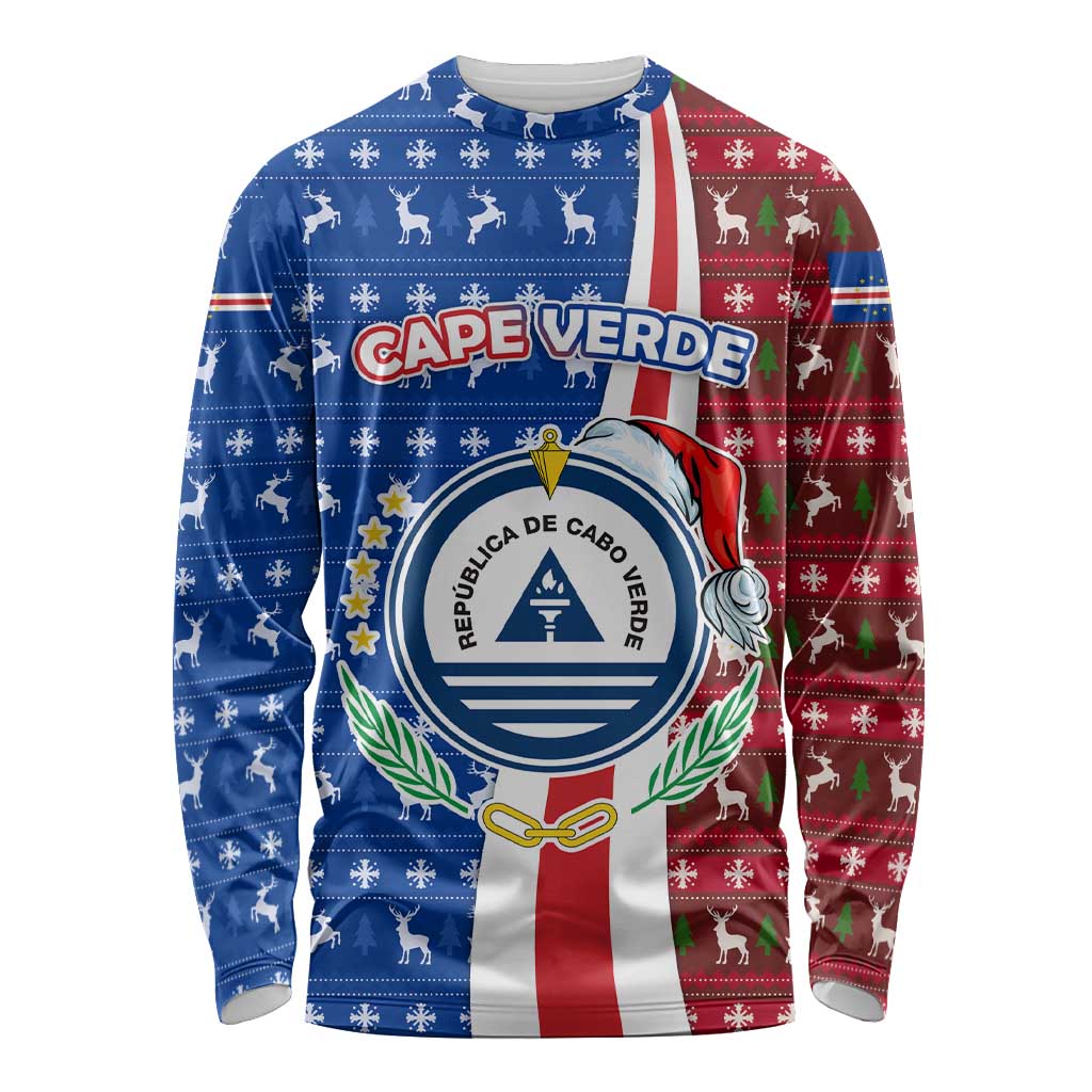 Cape Verde Christmas Long Sleeve Shirt with Red and Blue Festive Pattern Christmas Tree and National Emblem Motif - Wonder Print Shop