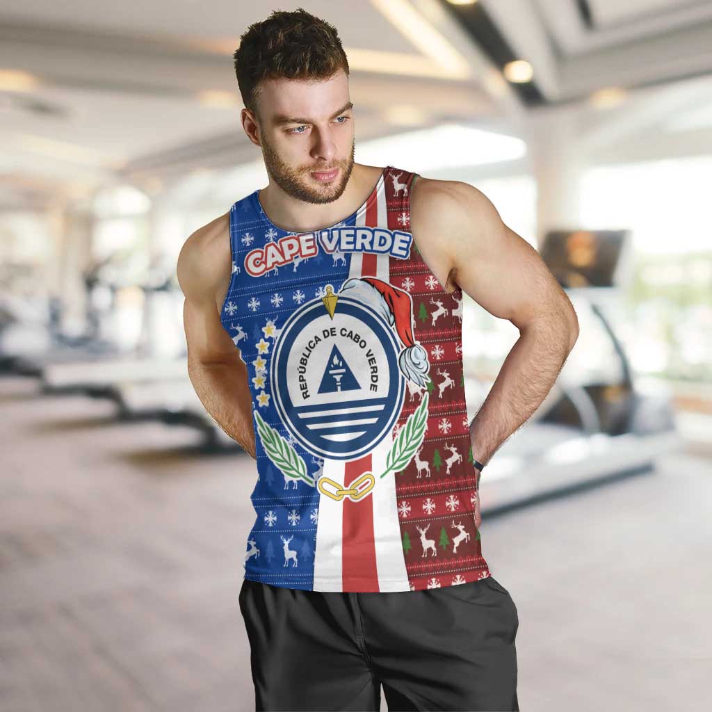 Cape Verde Christmas Men Tank Top with Red and Blue Festive Pattern Christmas Tree and National Emblem Motif - Wonder Print Shop