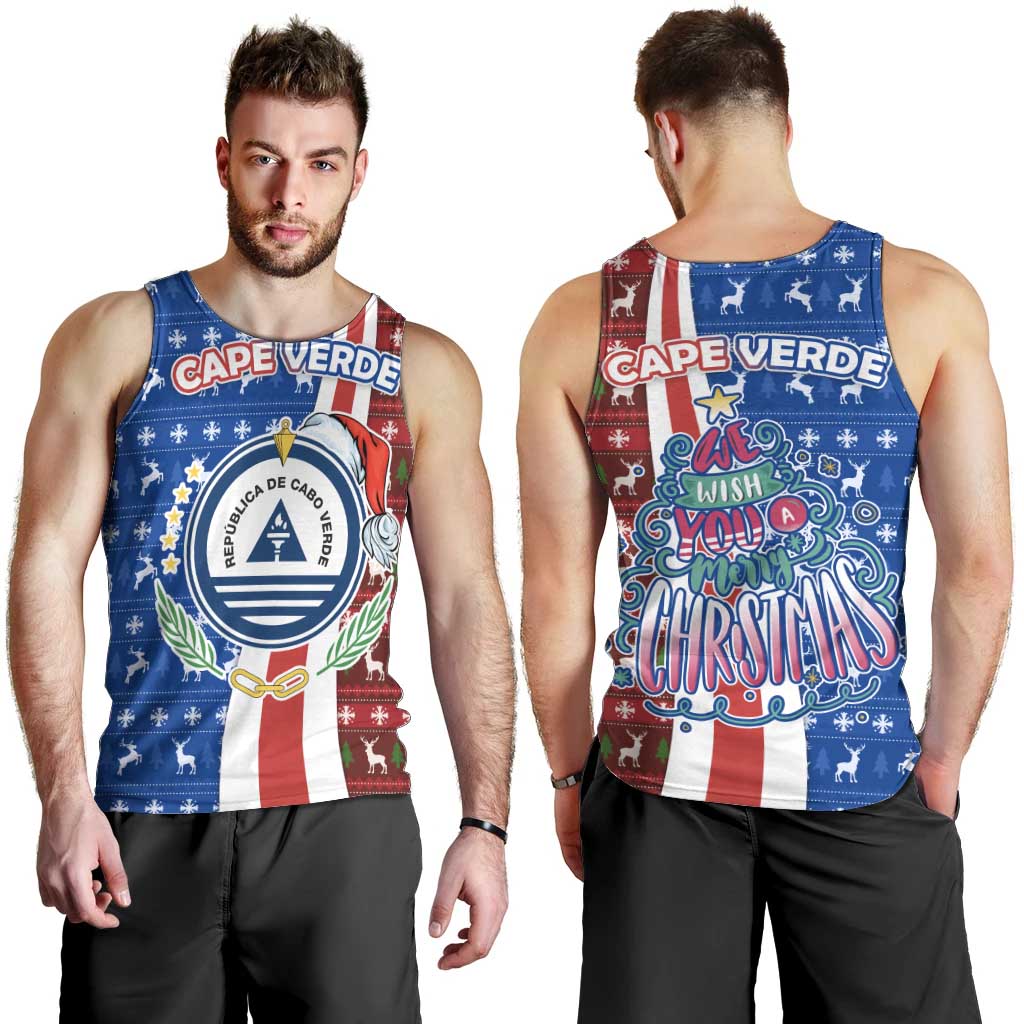 Cape Verde Christmas Men Tank Top with Red and Blue Festive Pattern Christmas Tree and National Emblem Motif - Wonder Print Shop
