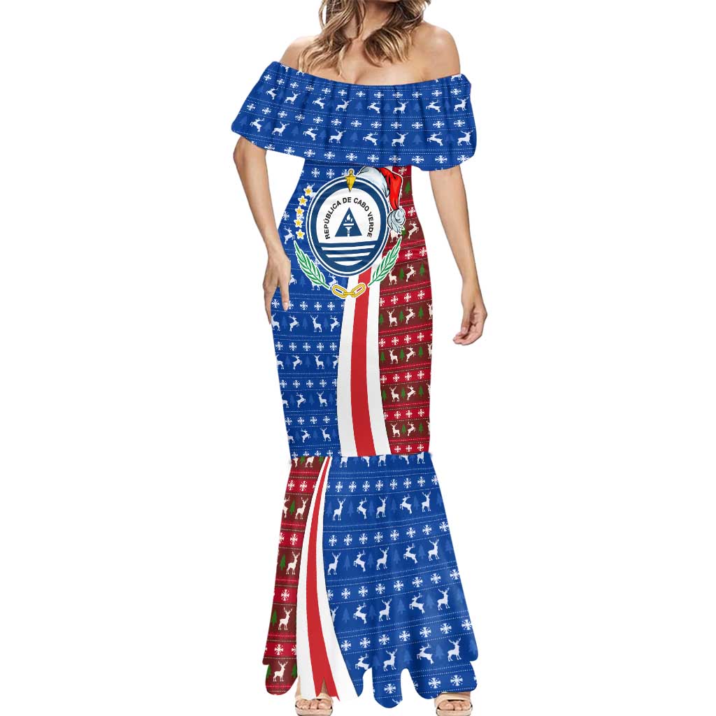 Cape Verde Christmas Mermaid Dress with Red and Blue Festive Pattern Christmas Tree and National Emblem Motif - Wonder Print Shop