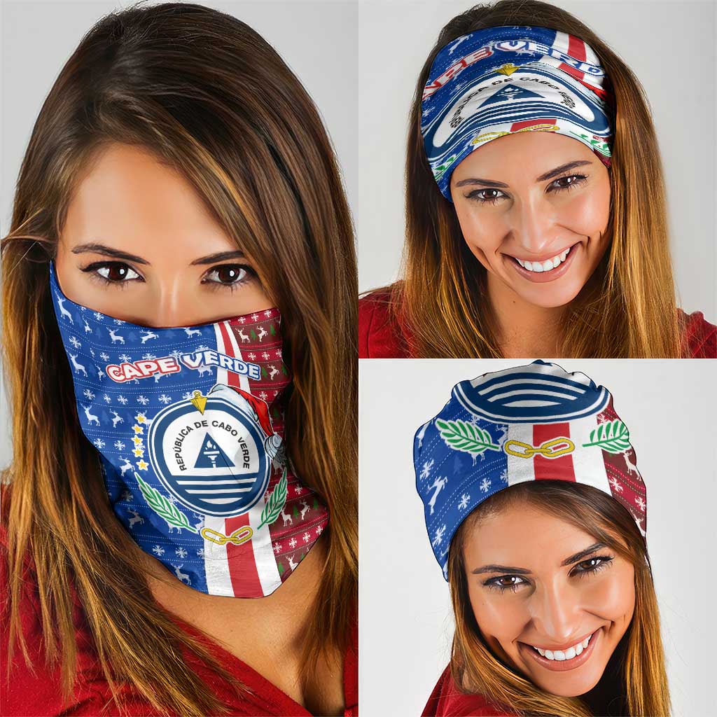 Cape Verde Christmas Neck Gaiter with Red and Blue Festive Pattern Christmas Tree and National Emblem Motif - Wonder Print Shop