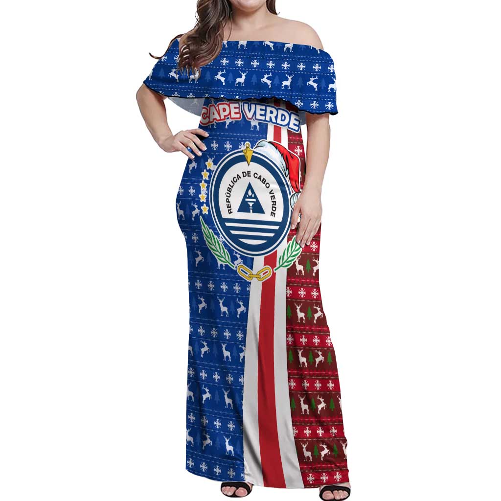 Cape Verde Christmas Off Shoulder Maxi Dress with Red and Blue Festive Pattern Christmas Tree and National Emblem Motif - Wonder Print Shop