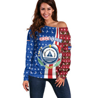 Cape Verde Christmas Off Shoulder Sweater with Red and Blue Festive Pattern Christmas Tree and National Emblem Motif - Wonder Print Shop