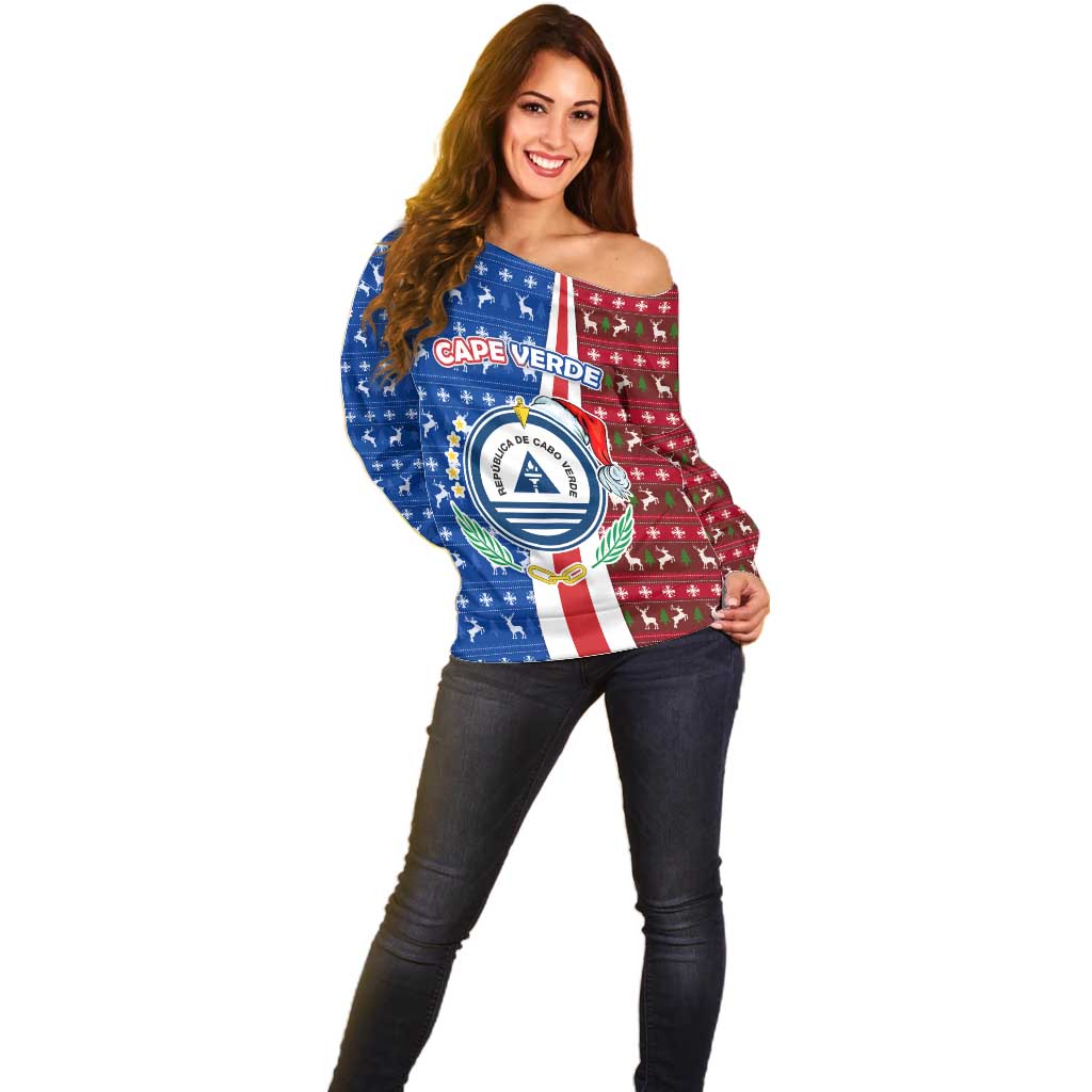 Cape Verde Christmas Off Shoulder Sweater with Red and Blue Festive Pattern Christmas Tree and National Emblem Motif - Wonder Print Shop
