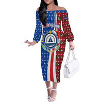 Cape Verde Christmas Off The Shoulder Long Sleeve Dress with Red and Blue Festive Pattern Christmas Tree and National Emblem Motif - Wonder Print Shop