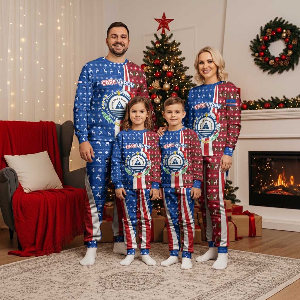 Cape Verde Christmas Pajama Set with Red and Blue Festive Pattern Christmas Tree and National Emblem Motif - Wonder Print Shop