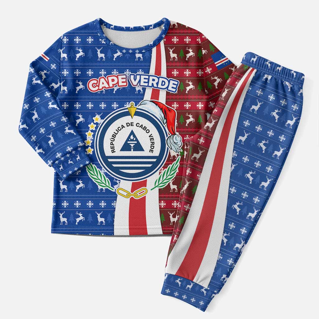 Cape Verde Christmas Pajama Set with Red and Blue Festive Pattern Christmas Tree and National Emblem Motif - Wonder Print Shop