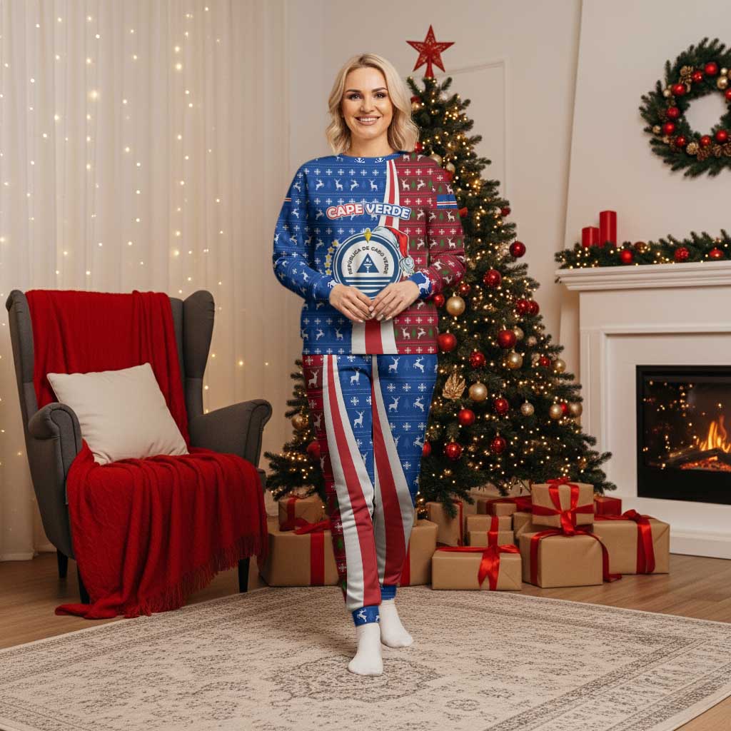 Cape Verde Christmas Pajama Set with Red and Blue Festive Pattern Christmas Tree and National Emblem Motif - Wonder Print Shop