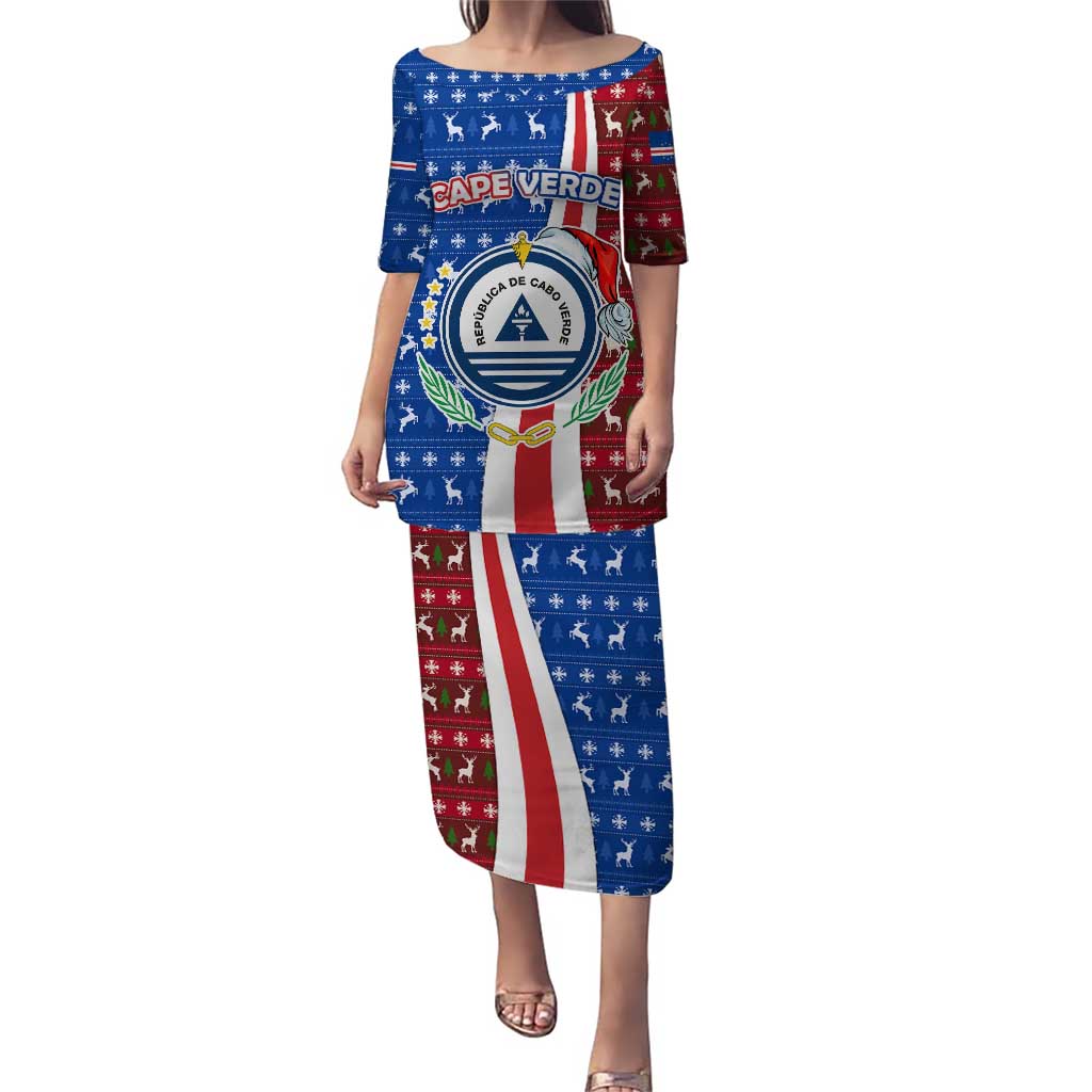 Cape Verde Christmas Puletasi with Red and Blue Festive Pattern Christmas Tree and National Emblem Motif - Wonder Print Shop