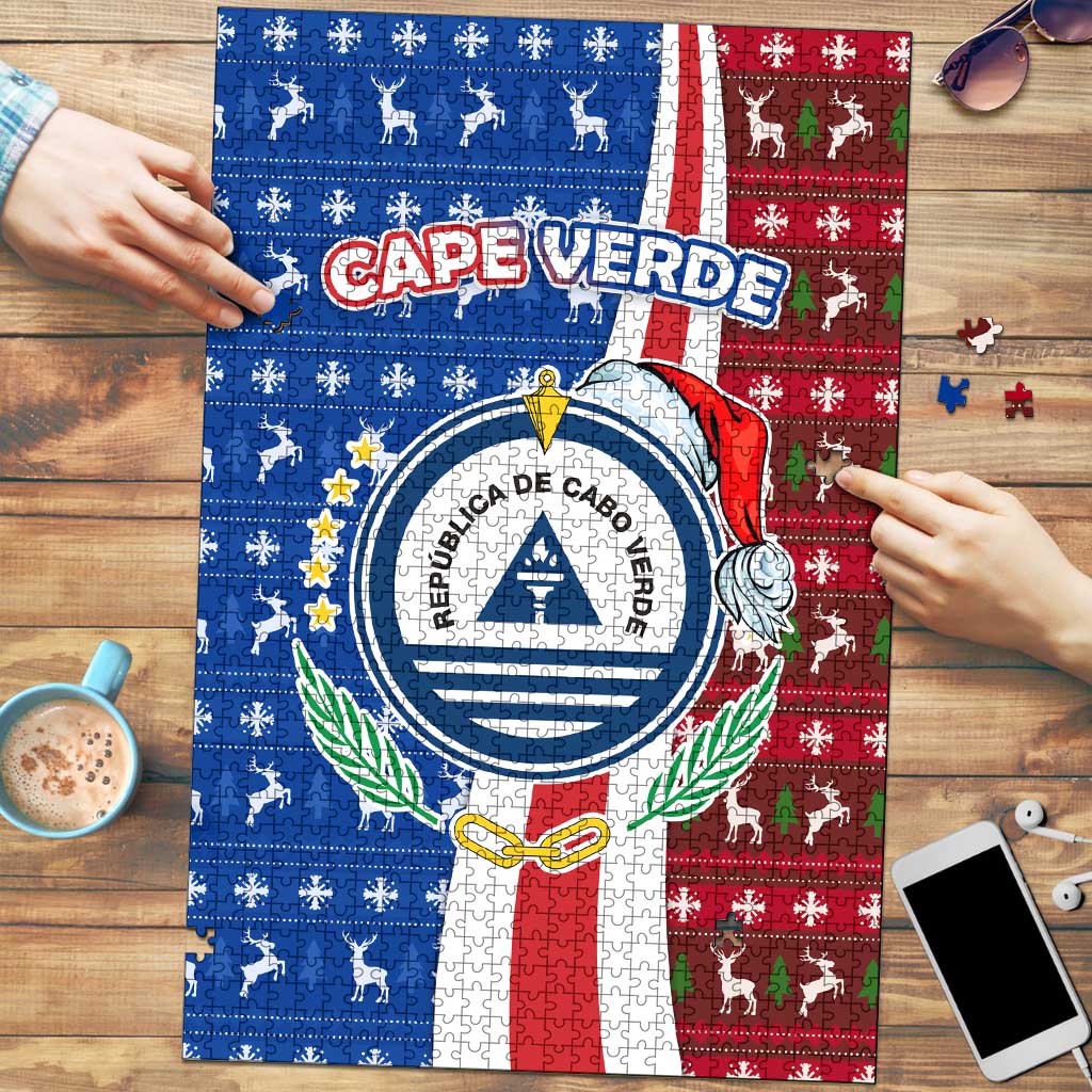 Cape Verde Christmas Puzzle with Red and Blue Festive Pattern Christmas Tree and National Emblem Motif - Wonder Print Shop