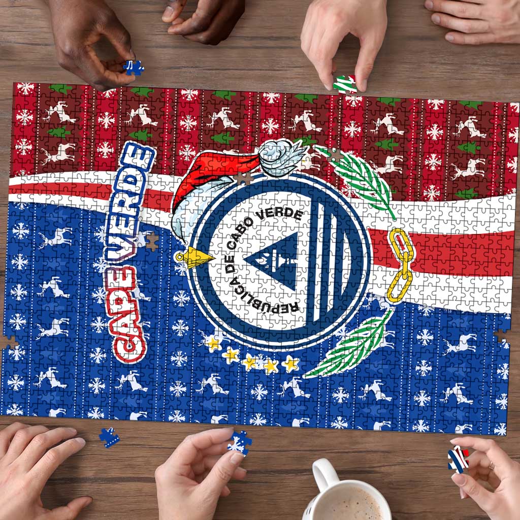 Cape Verde Christmas Puzzle with Red and Blue Festive Pattern Christmas Tree and National Emblem Motif - Wonder Print Shop