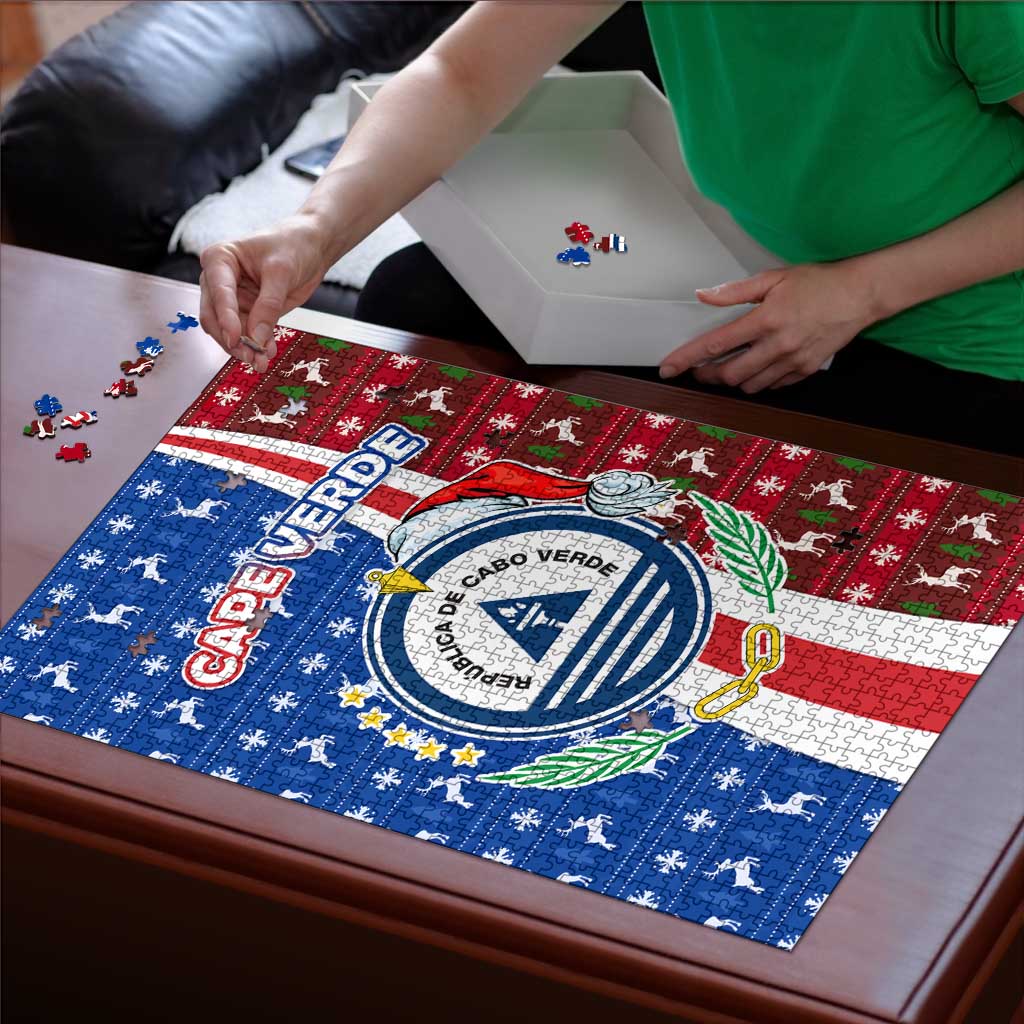 Cape Verde Christmas Puzzle with Red and Blue Festive Pattern Christmas Tree and National Emblem Motif - Wonder Print Shop