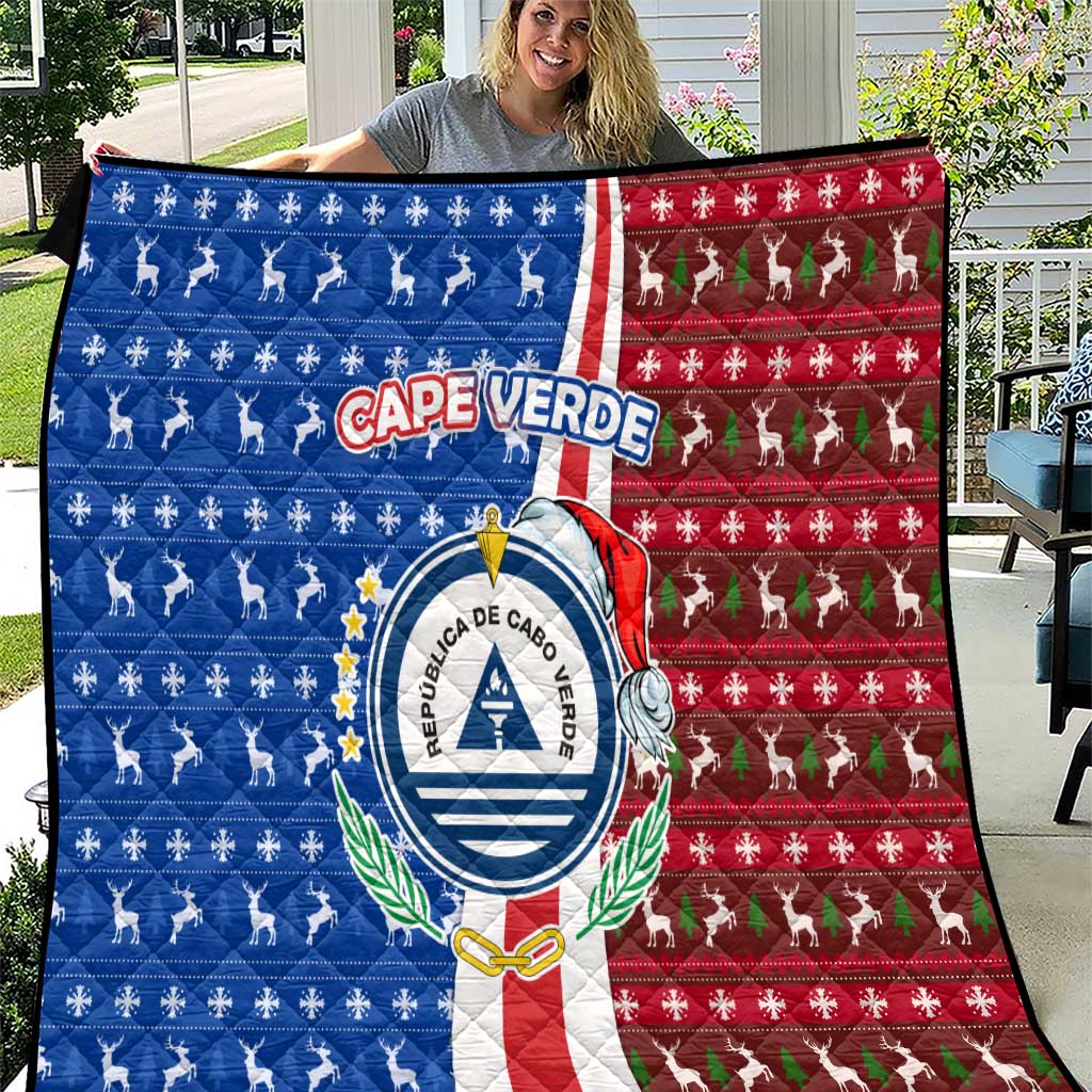 Cape Verde Christmas Quilt with Red and Blue Festive Pattern Christmas Tree and National Emblem Motif - Wonder Print Shop