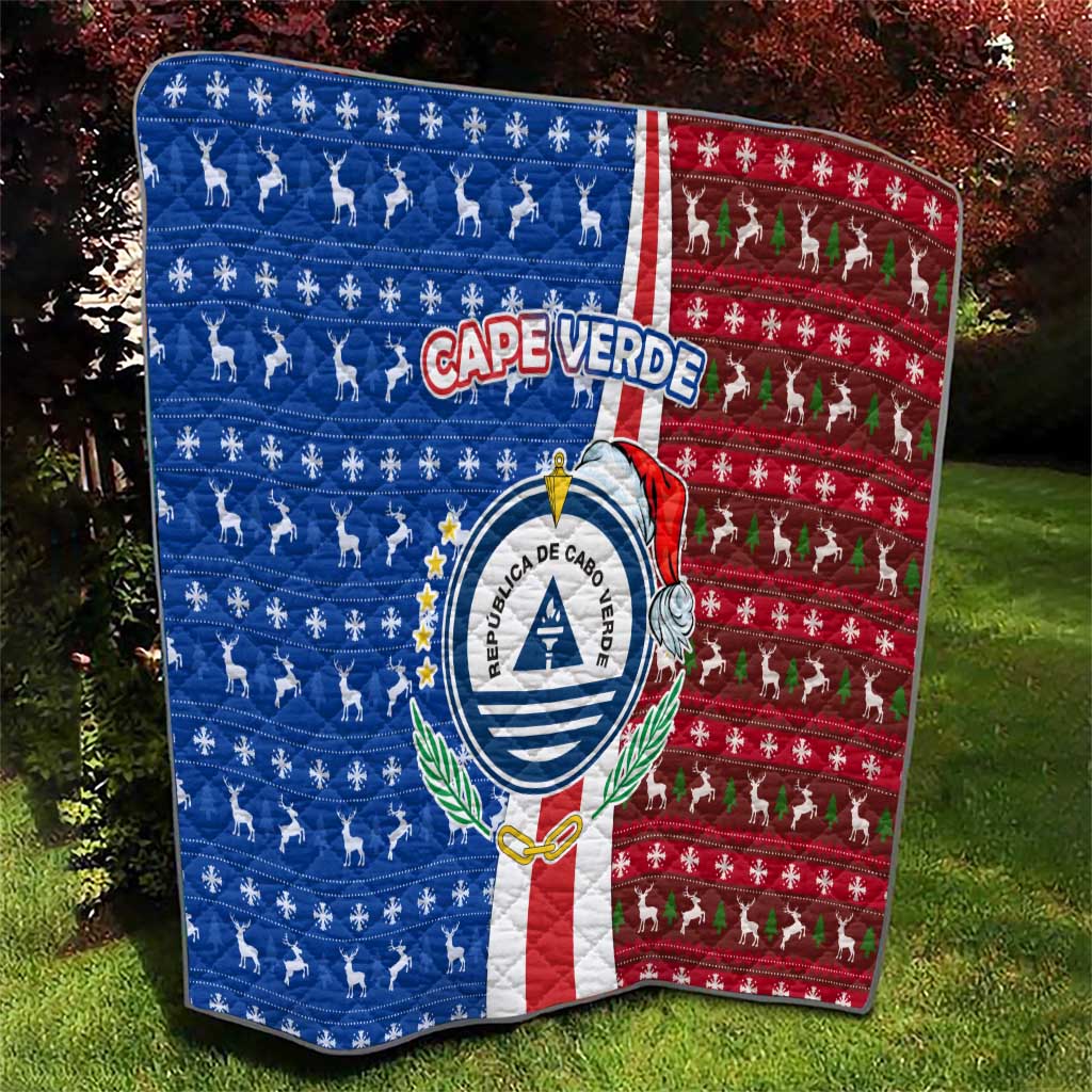 Cape Verde Christmas Quilt with Red and Blue Festive Pattern Christmas Tree and National Emblem Motif - Wonder Print Shop