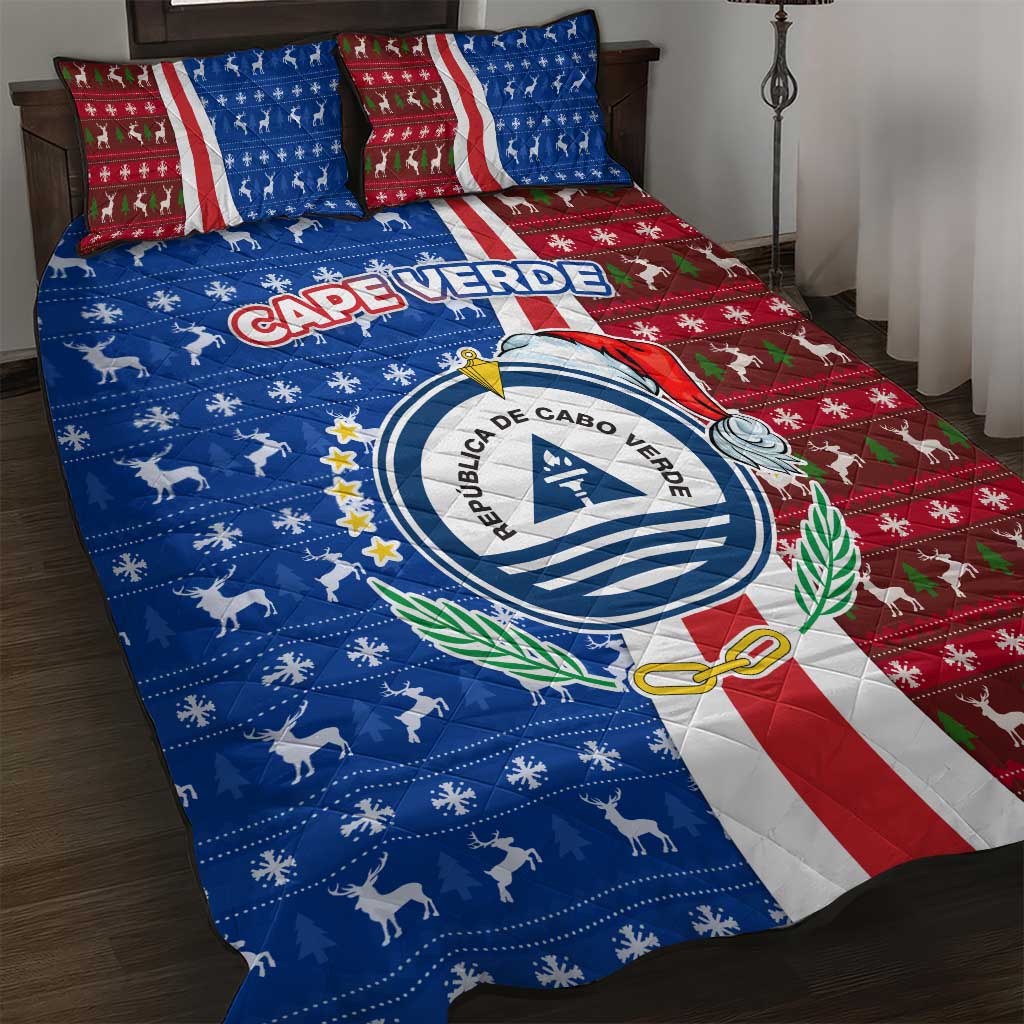 Cape Verde Christmas Quilt Bed Set with Red and Blue Festive Pattern Christmas Tree and National Emblem Motif - Wonder Print Shop