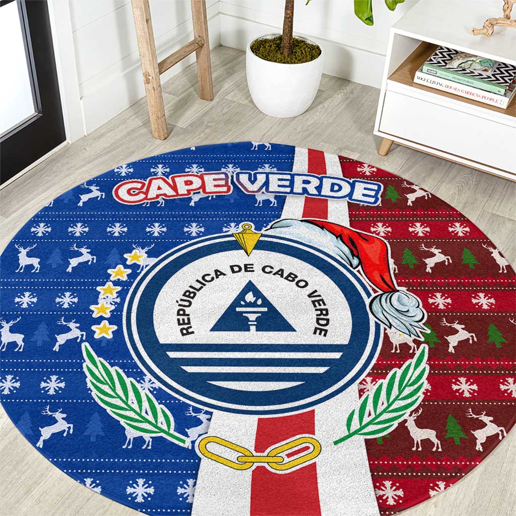 Cape Verde Christmas Round Carpet with Red and Blue Festive Pattern Christmas Tree and National Emblem Motif - Wonder Print Shop