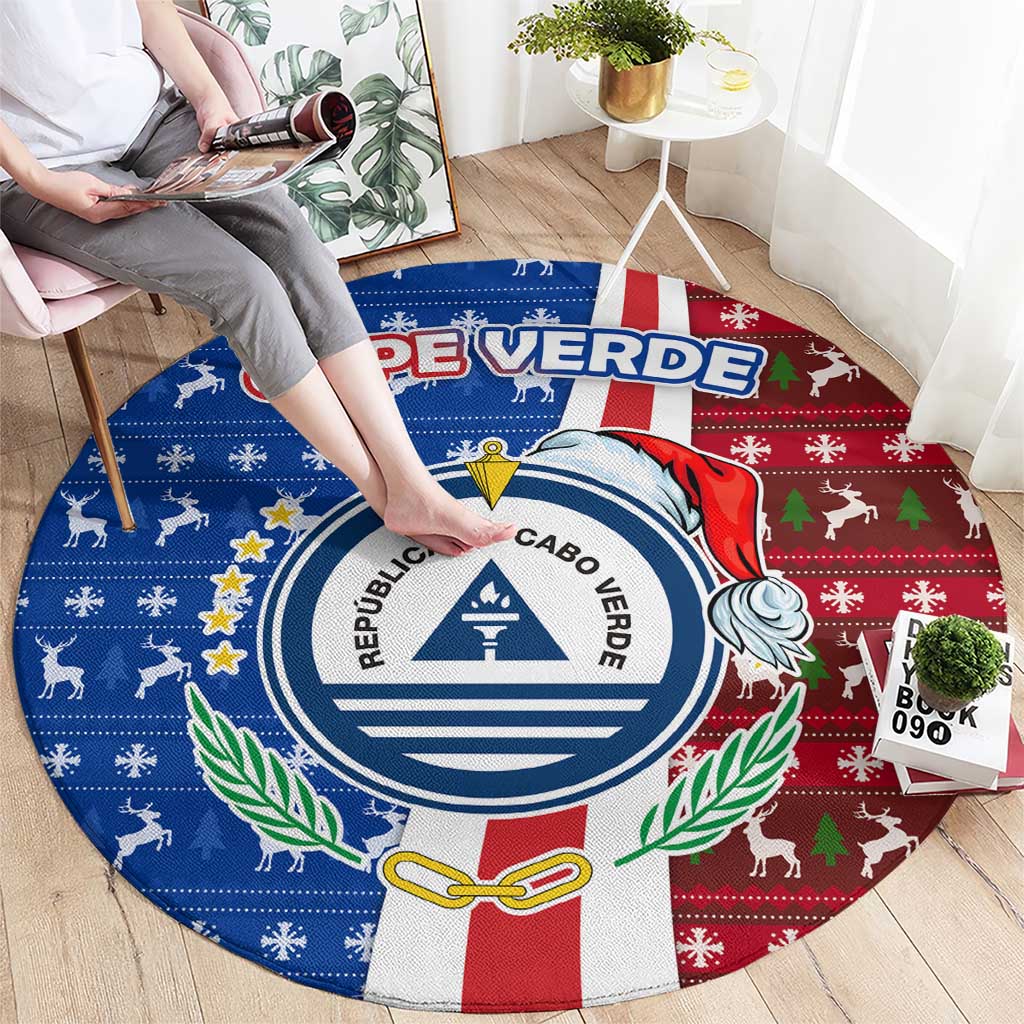 Cape Verde Christmas Round Carpet with Red and Blue Festive Pattern Christmas Tree and National Emblem Motif - Wonder Print Shop