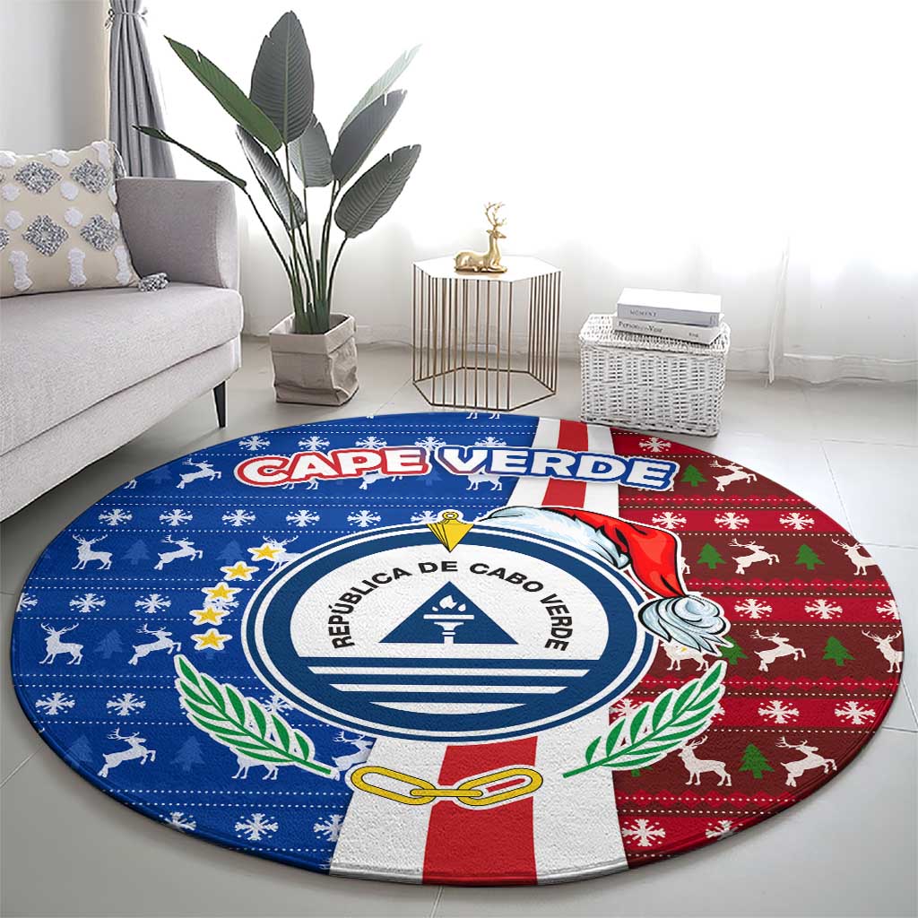 Cape Verde Christmas Round Carpet with Red and Blue Festive Pattern Christmas Tree and National Emblem Motif - Wonder Print Shop