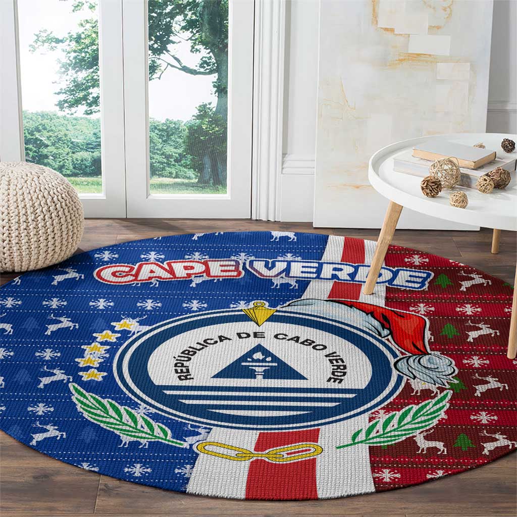 Cape Verde Christmas Round Carpet with Red and Blue Festive Pattern Christmas Tree and National Emblem Motif - Wonder Print Shop