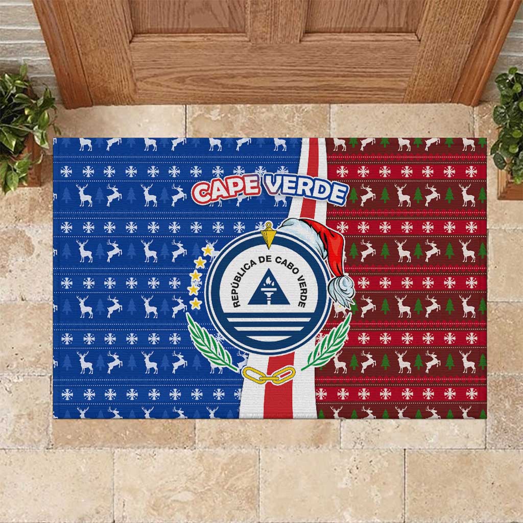 Cape Verde Christmas Rubber Doormat with Red and Blue Festive Pattern Christmas Tree and National Emblem Motif - Wonder Print Shop